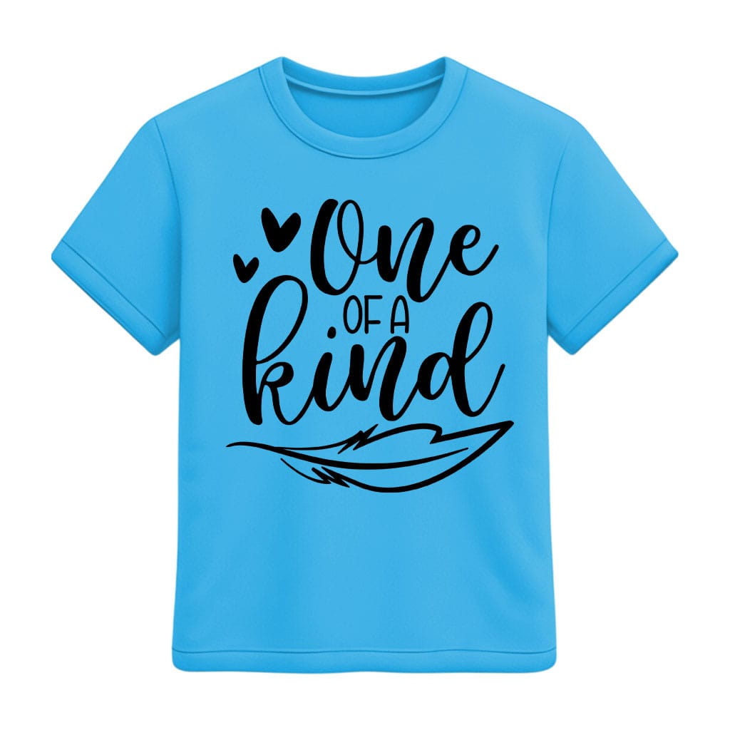 Blue t-shirt with 'One of a Kind' text on a white background