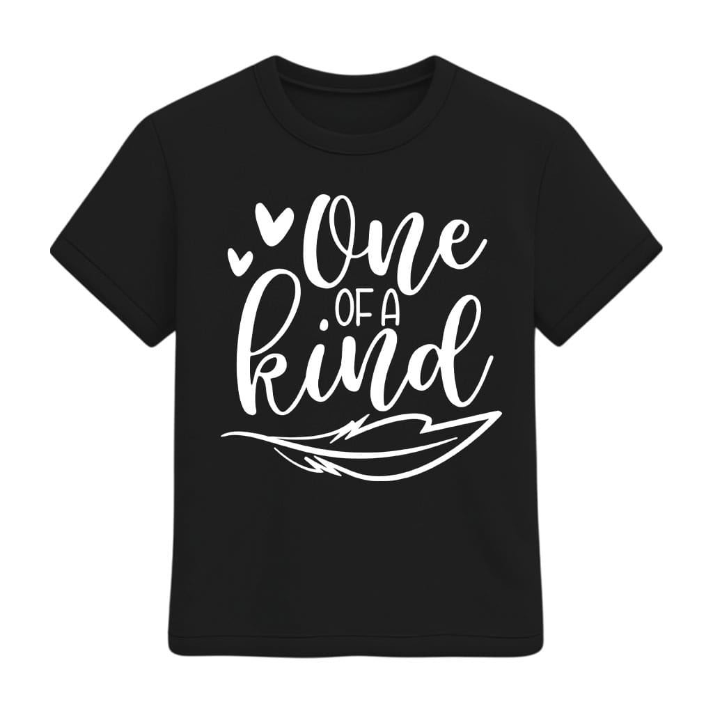 Black t-shirt with 'One of a Kind' text on a white background