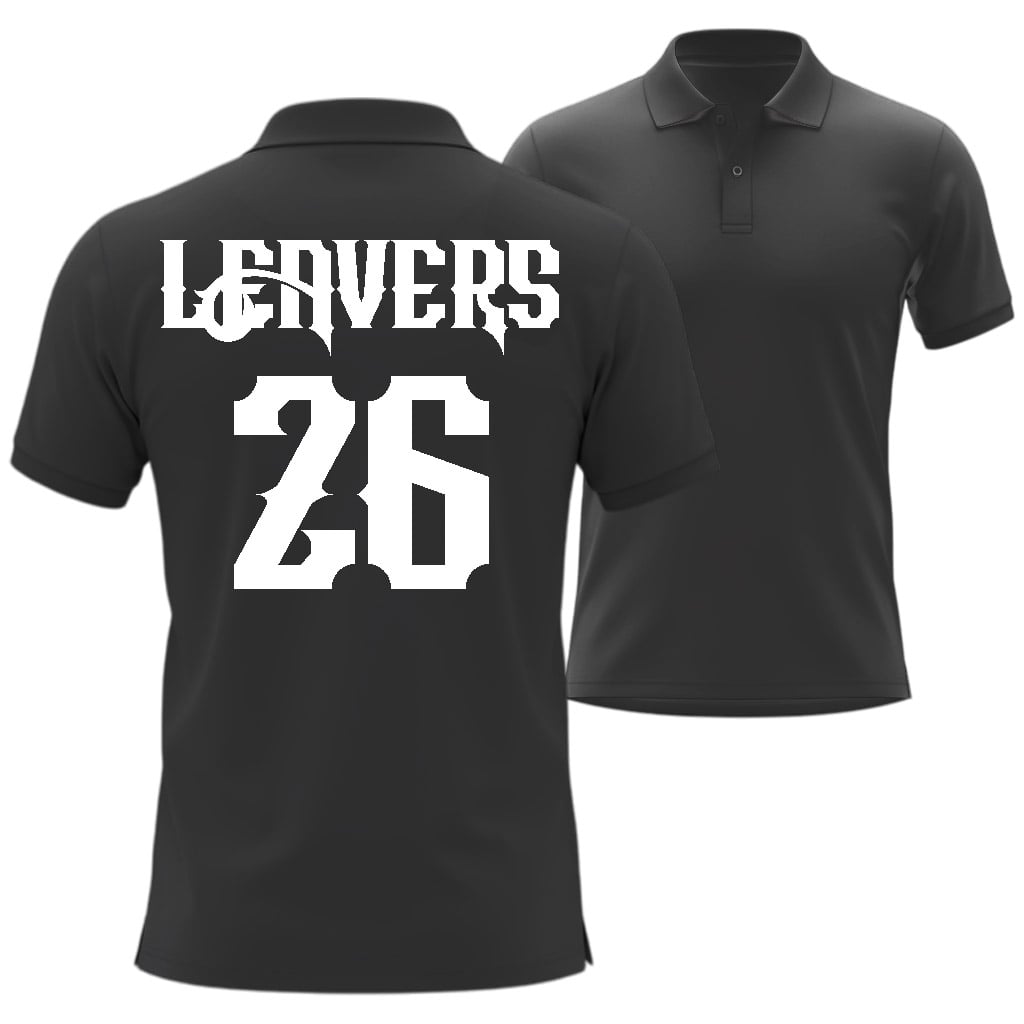 Black polo shirt with 'LEAVERS 26' printed on the back, displayed from front and back views.