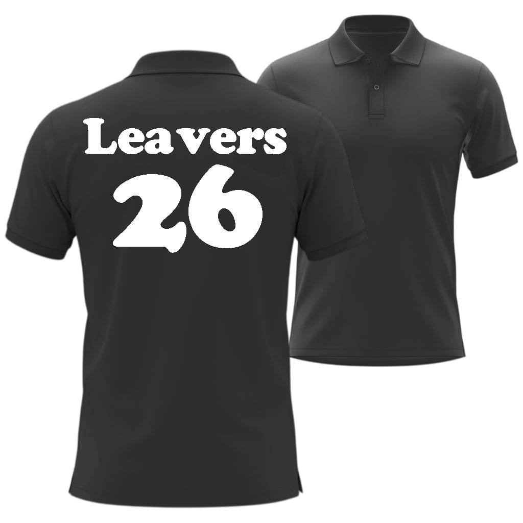 Black polo shirt with 'Leavers 26' text in Cooper Black Style on a white background
