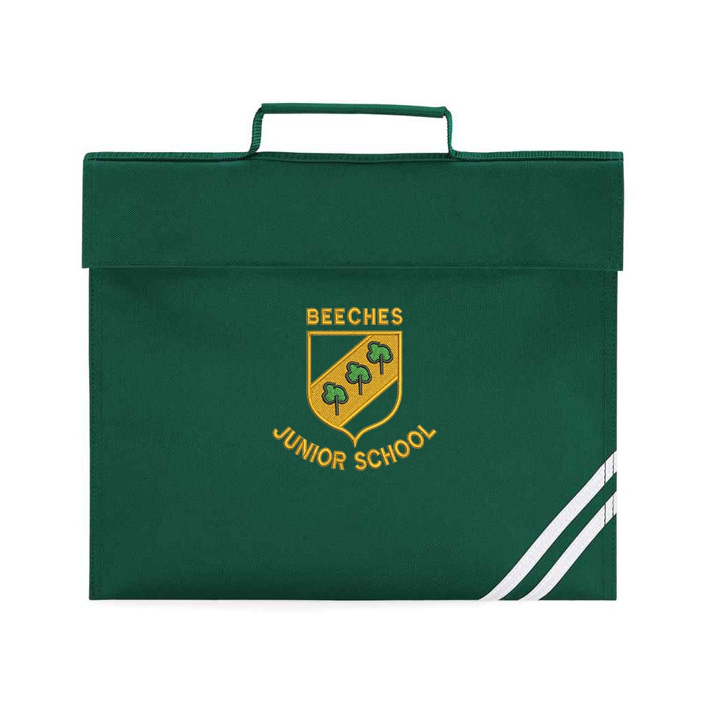 Green bookbag with 'Beeches Junior School' logo on a white background