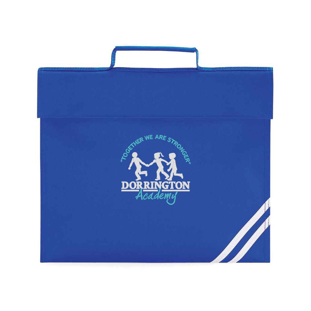 Blue book bag with Dorrington Academy logo on a white background