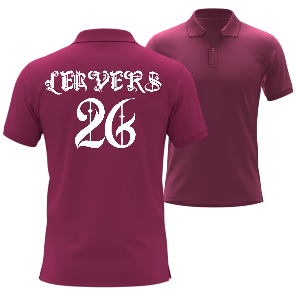 Maroon polo shirt with 'LEAVERS 26' printed on the back, shown from front and back views.