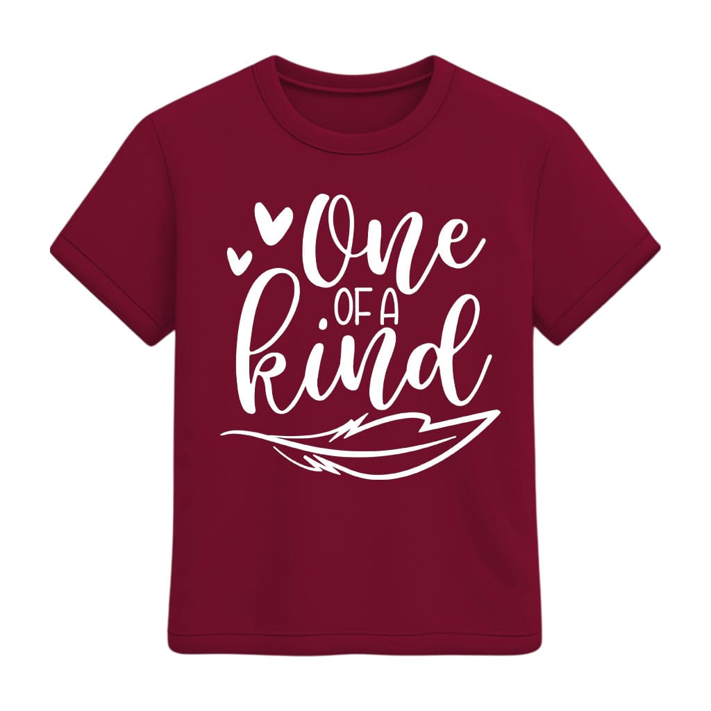 Maroon t-shirt with 'One of a Kind' text and hearts on a white background