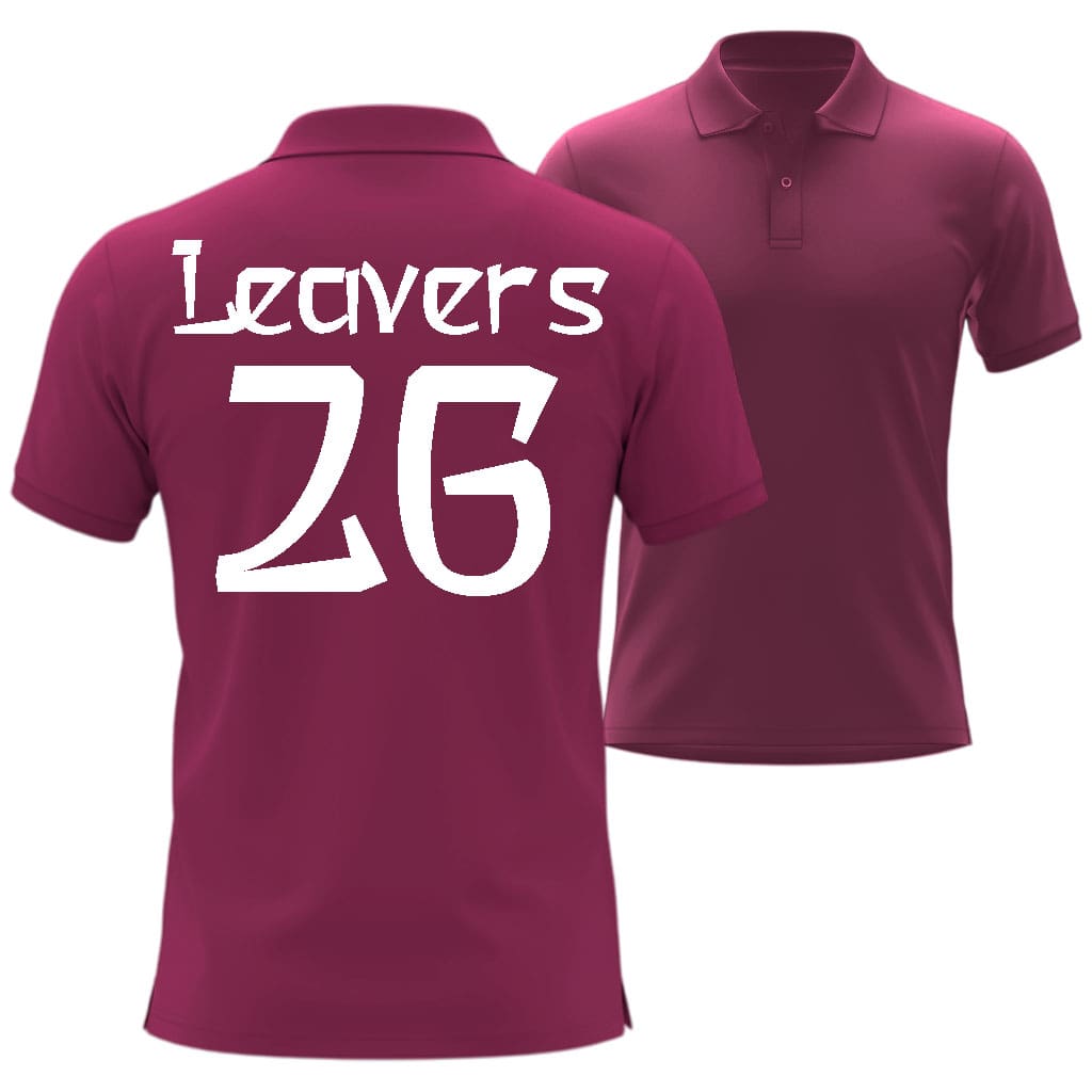 Maroon polo shirt with 'Leavers 26' printed on the back, in asian hero style  shown from front and back views.