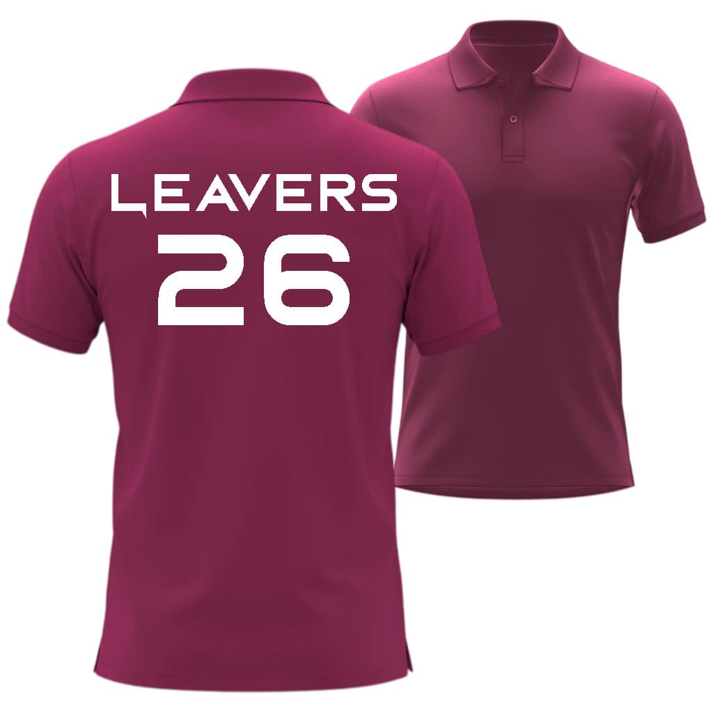 Maroon polo shirt with 'LEAVERS' and number '26' printed on the back, in bord style on a white background.