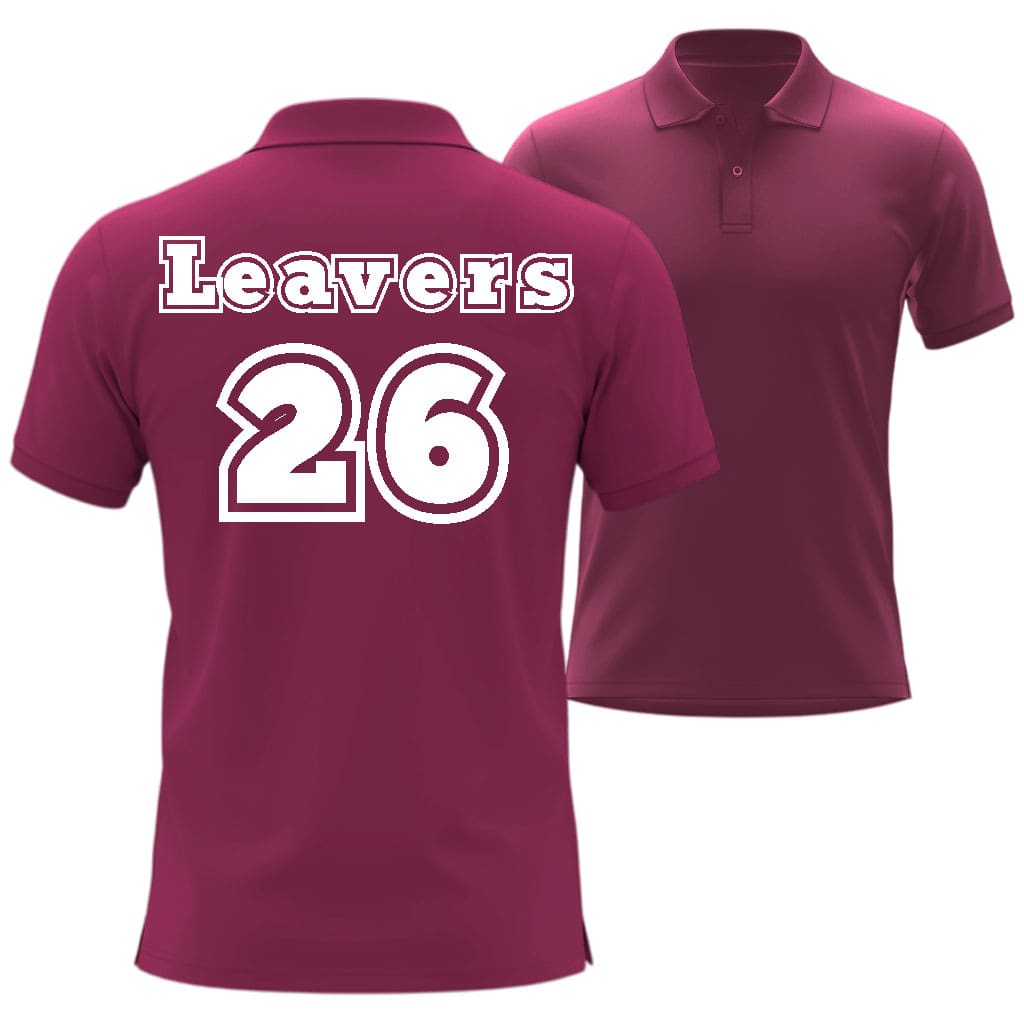 Maroon polo shirt with 'Leavers 26' text on the back, in 212 sport style shown from front and back views.