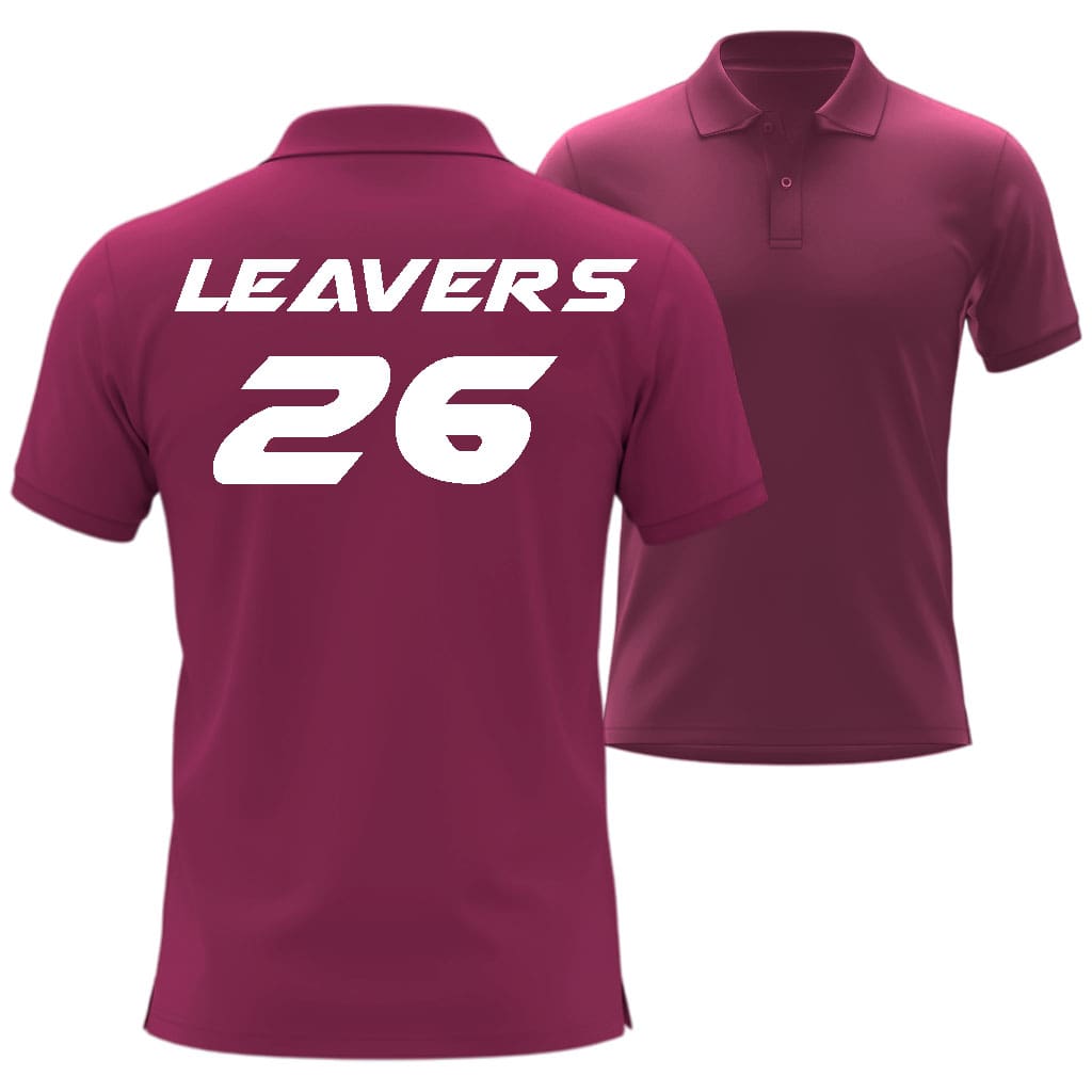 Maroon polo shirt with 'LEAVERS' and number '26' printed on the back, in airstrike style on a white background.