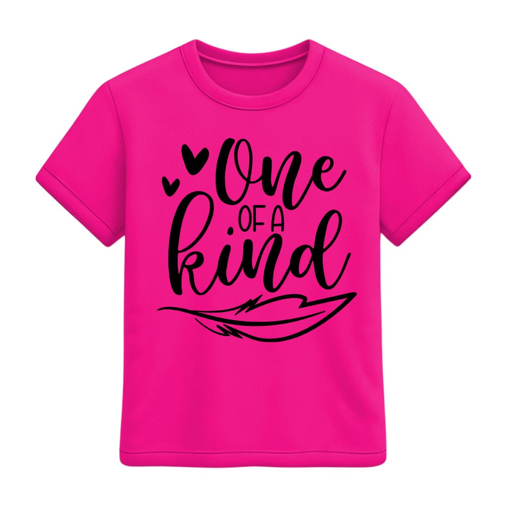 Pink t-shirt with 'One of a Kind' text on a white background