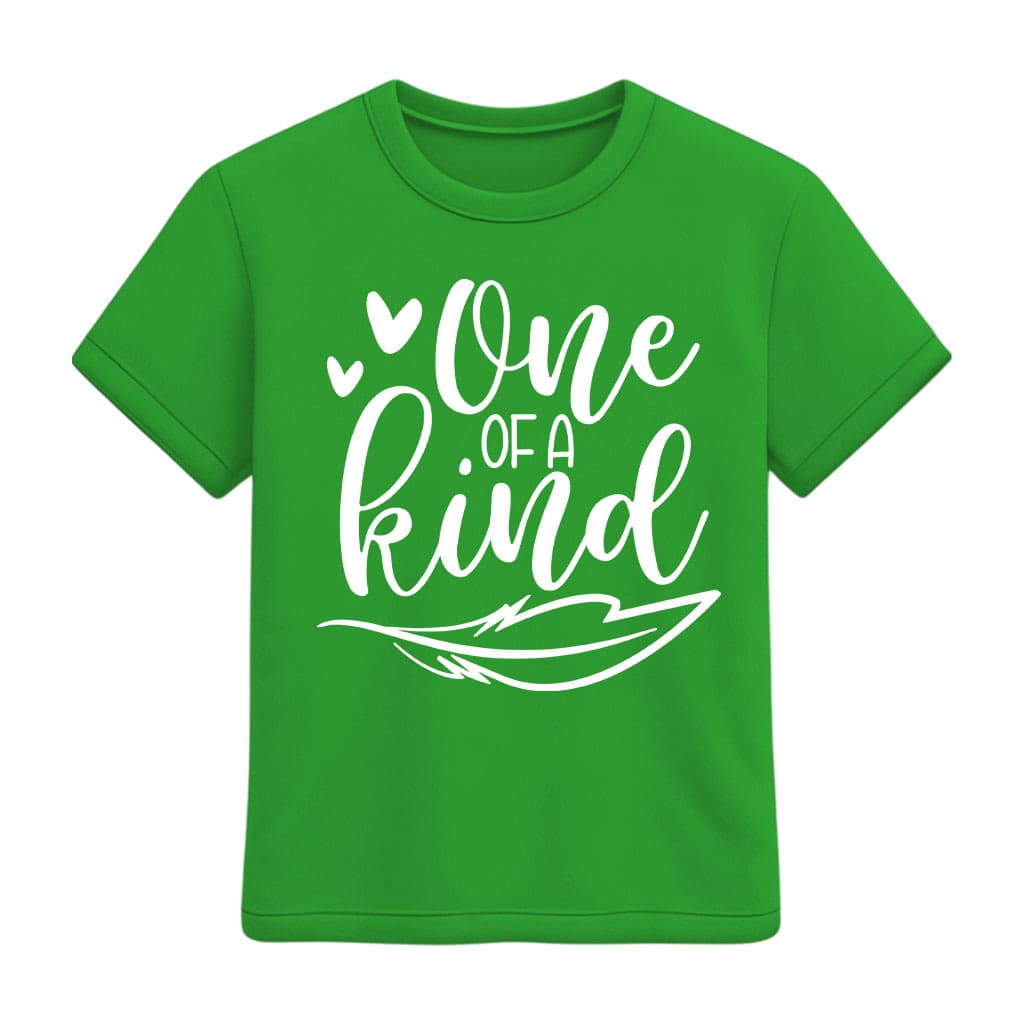 Green t-shirt with 'One of a Kind' text on a white background