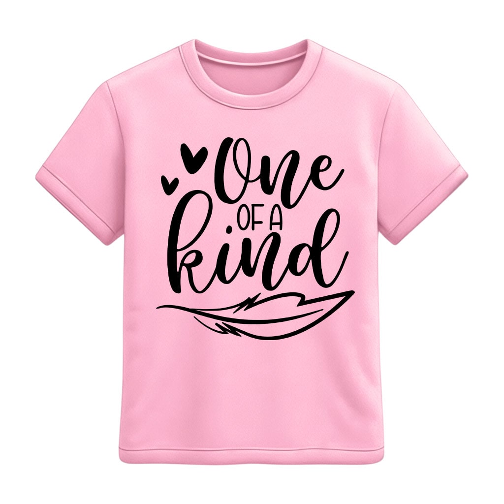 Pink t-shirt with 'One of a Kind' text on a white background