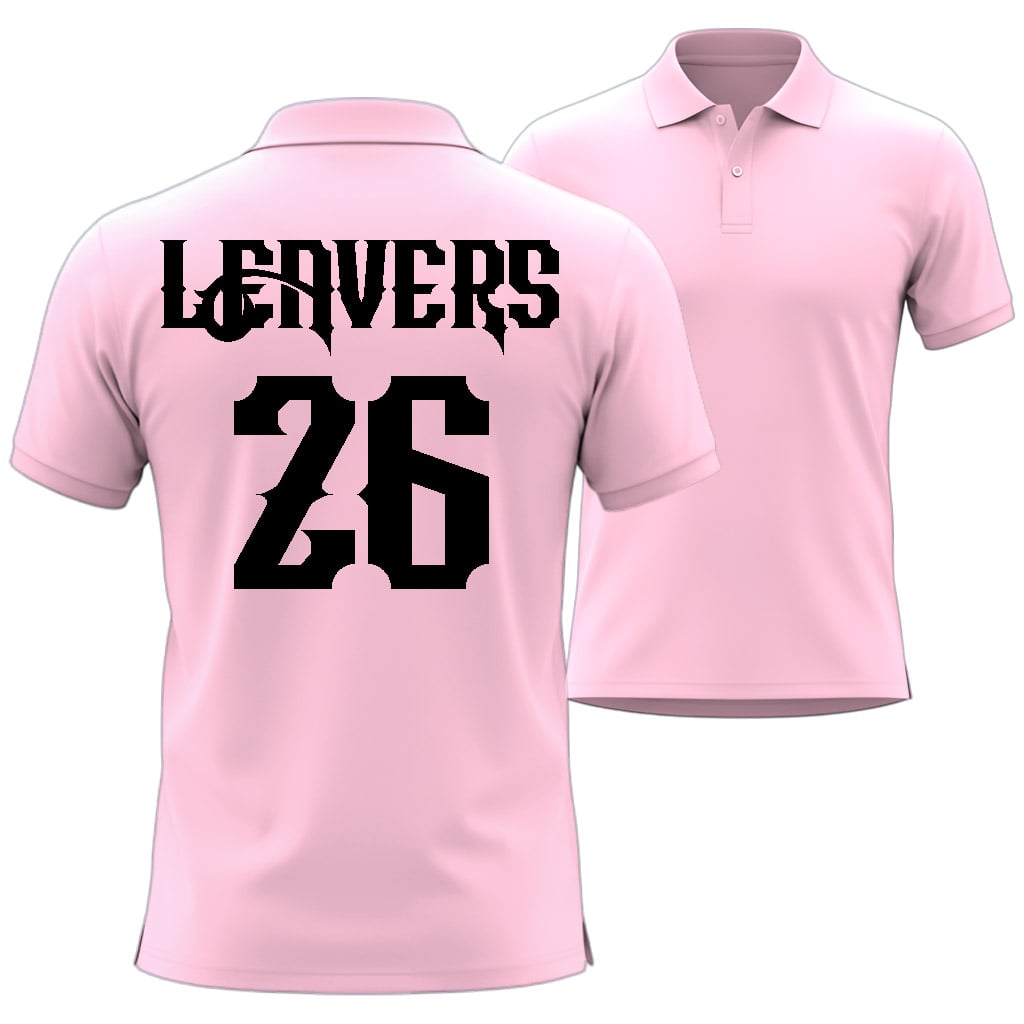Pink polo shirt with 'LEAVERS' and number '26' printed on a white background