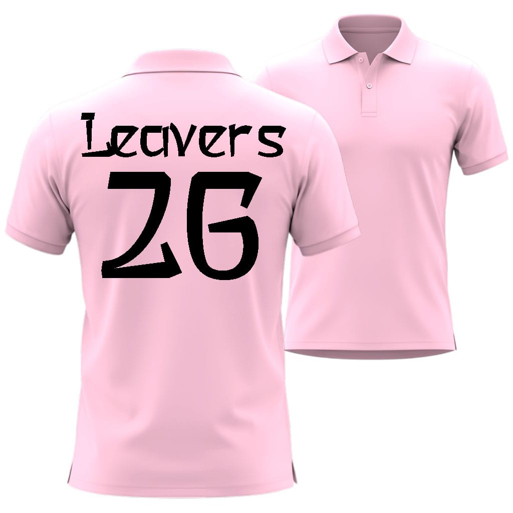 Pink polo shirts with 'Leavers 26' text  in asian hero style on a white background