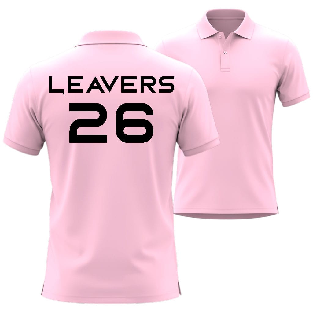 Pink polo shirt with 'LEAVERS' and number '26' in bord style printed on a white background