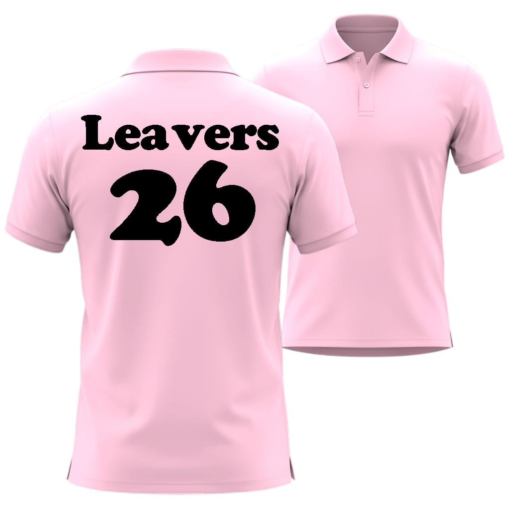 Pink polo shirt with 'Leavers 26' text in Cooper Black Style on a white background