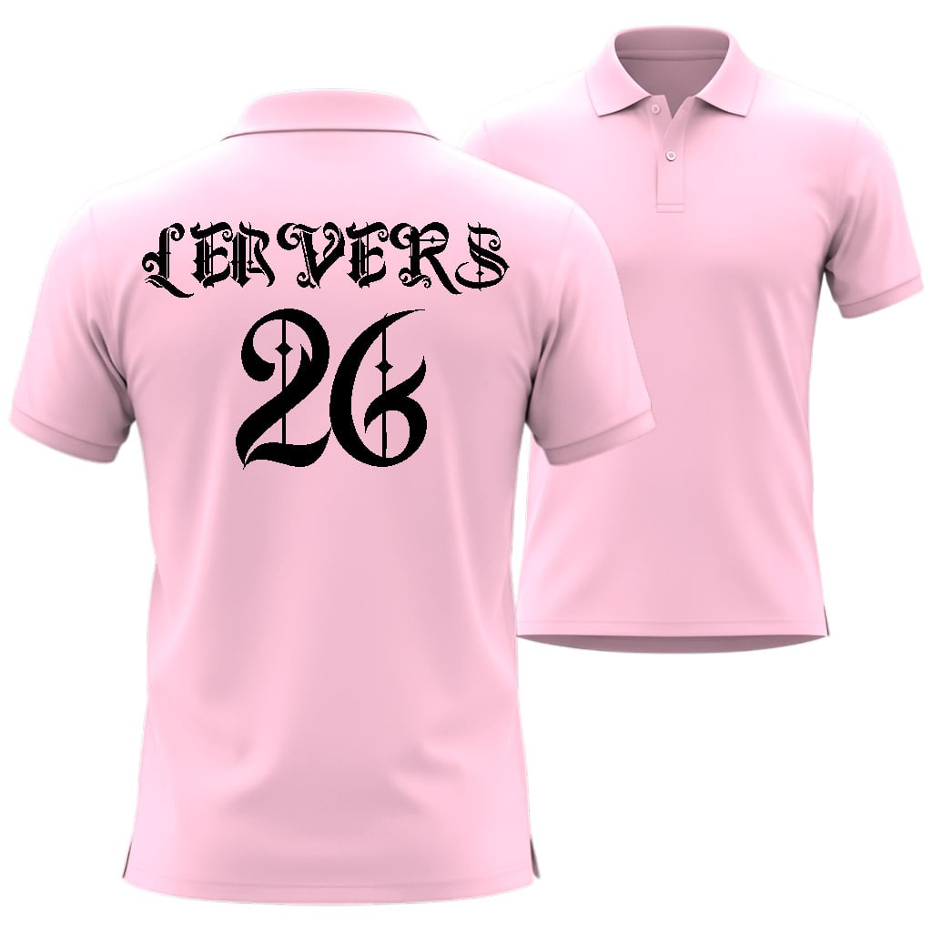 Pink polo shirt with 'Leavers 26' printed on the back