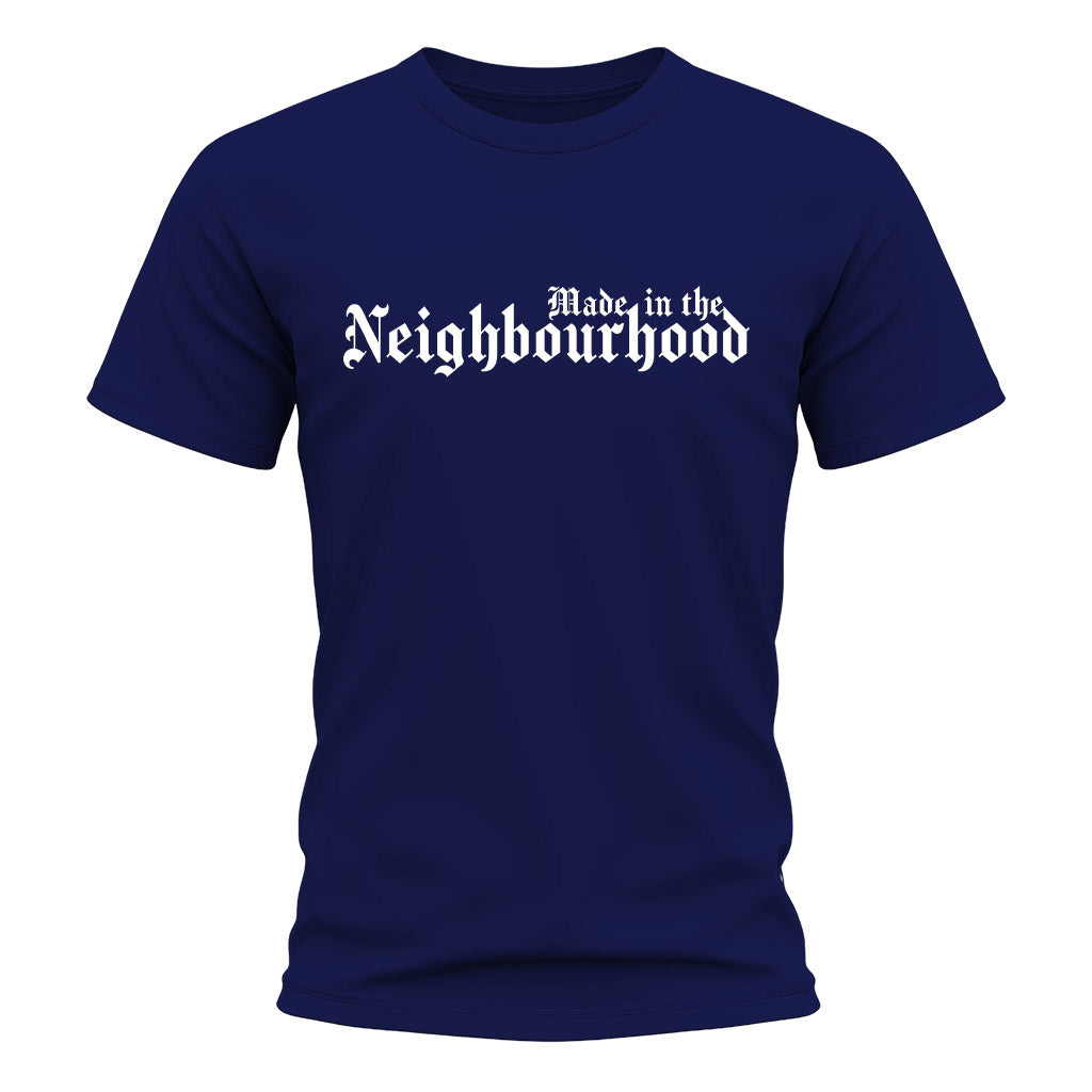 Navy blue t-shirt with 'Made in the Neighbourhood' text on a white background