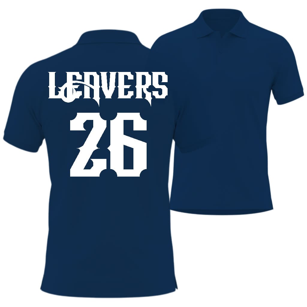 Navy blue polo shirt with 'LEAVERS' and number '26' printed on the back