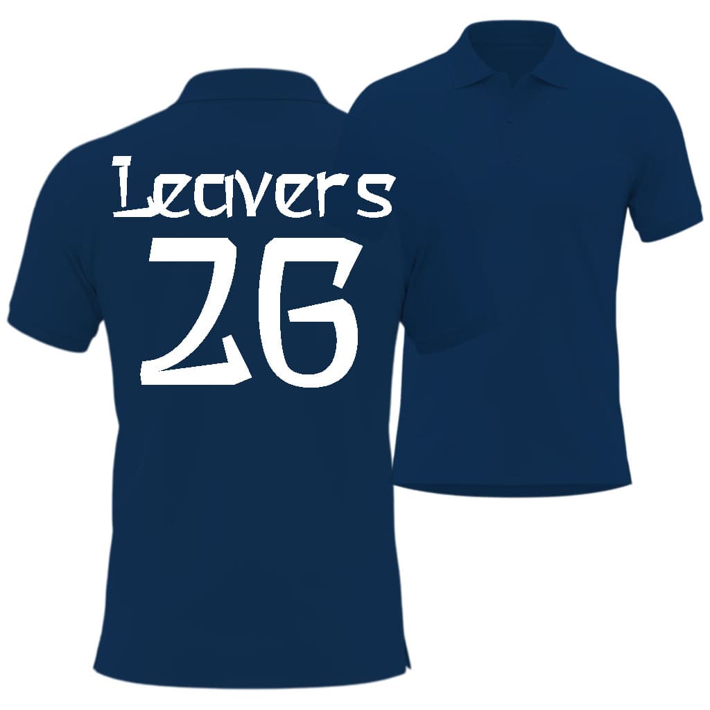 Navy blue polo shirt with 'Leavers 26' text  in asian hero style on a white background 