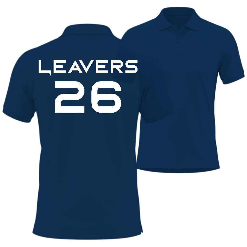 Navy blue polo shirt with 'LEAVERS' and number '26' printed in bord style on the back.