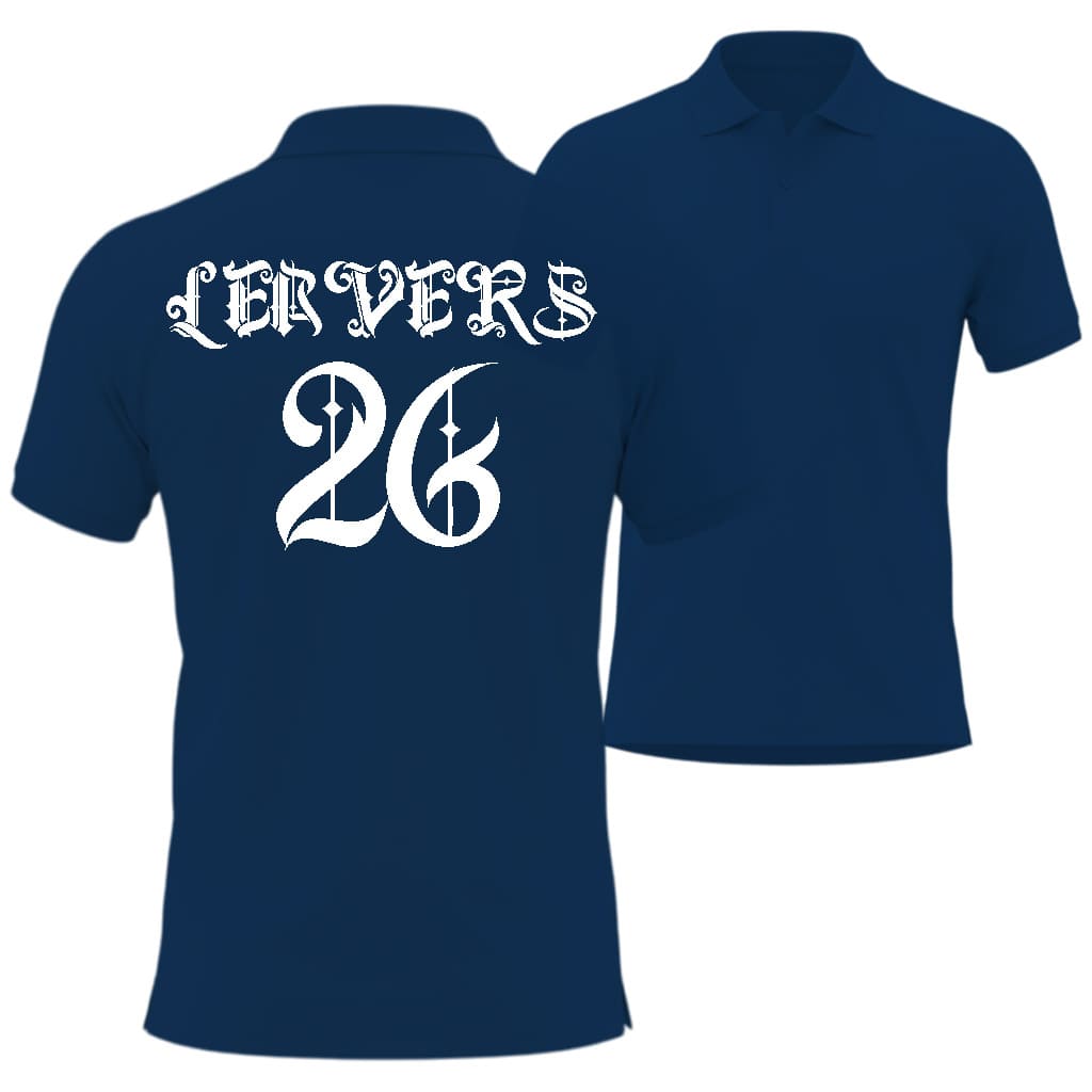 Navy blue polo shirt with 'Leavers' and number '26' embroidered on the back
