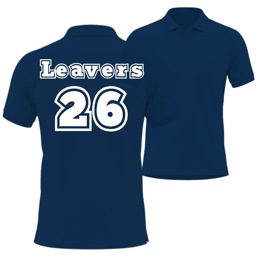 Navy blue polo shirt with 'Leavers 26' text in 212 sport style on a white background