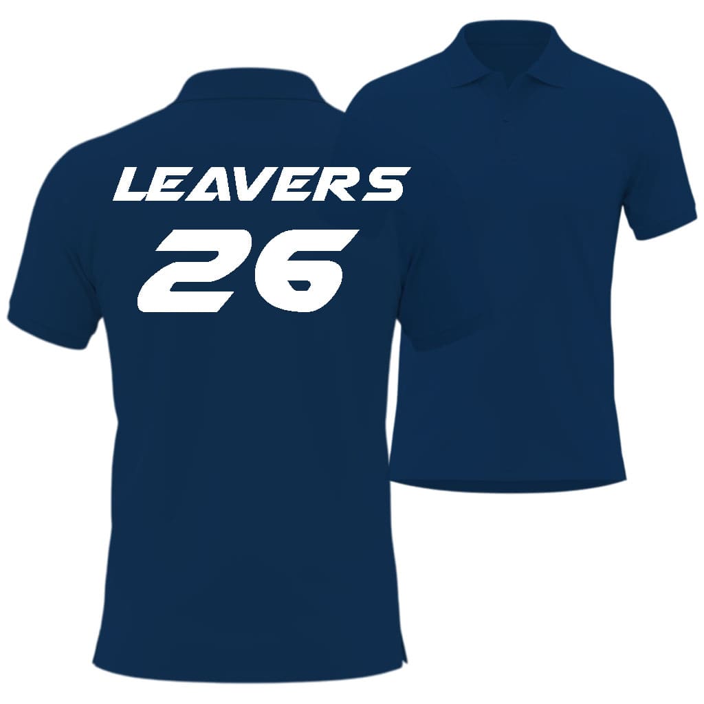 Navy blue polo shirt with 'LEAVERS' and number '26' in airstrike style printed on the back.