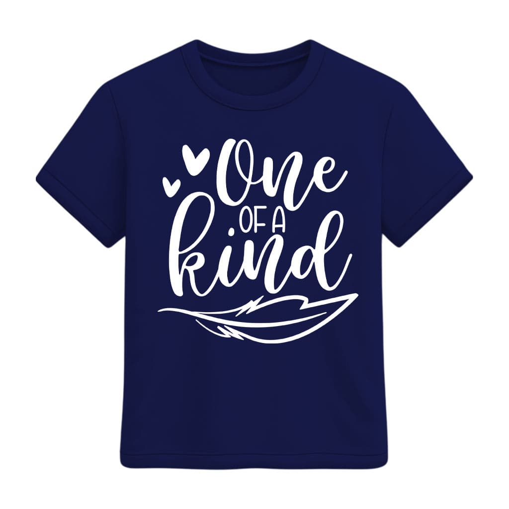 Navy blue t-shirt with 'One of a Kind' text on a white background