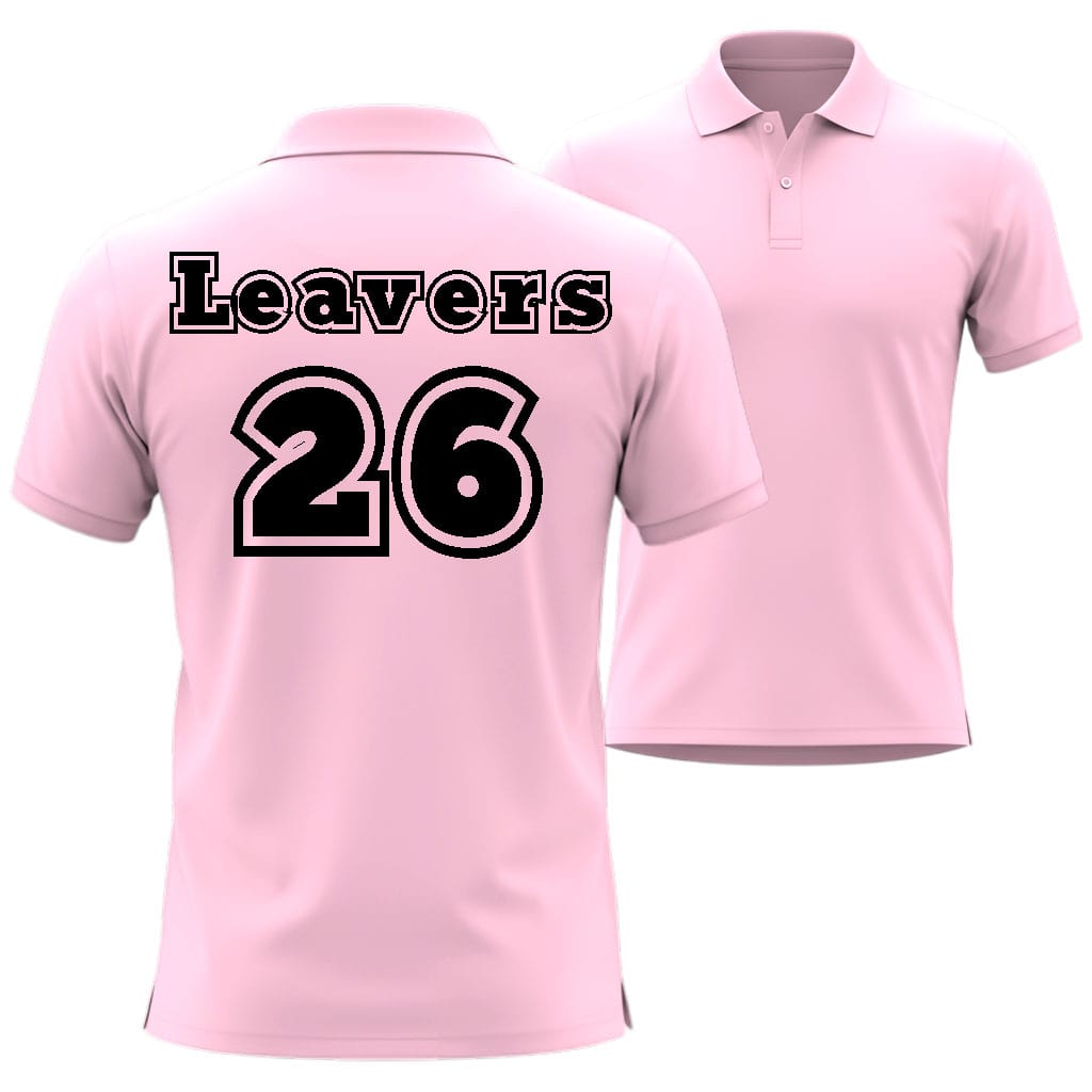 Pink polo shirt with 'Leavers 26' text in 212 sport style on a white background