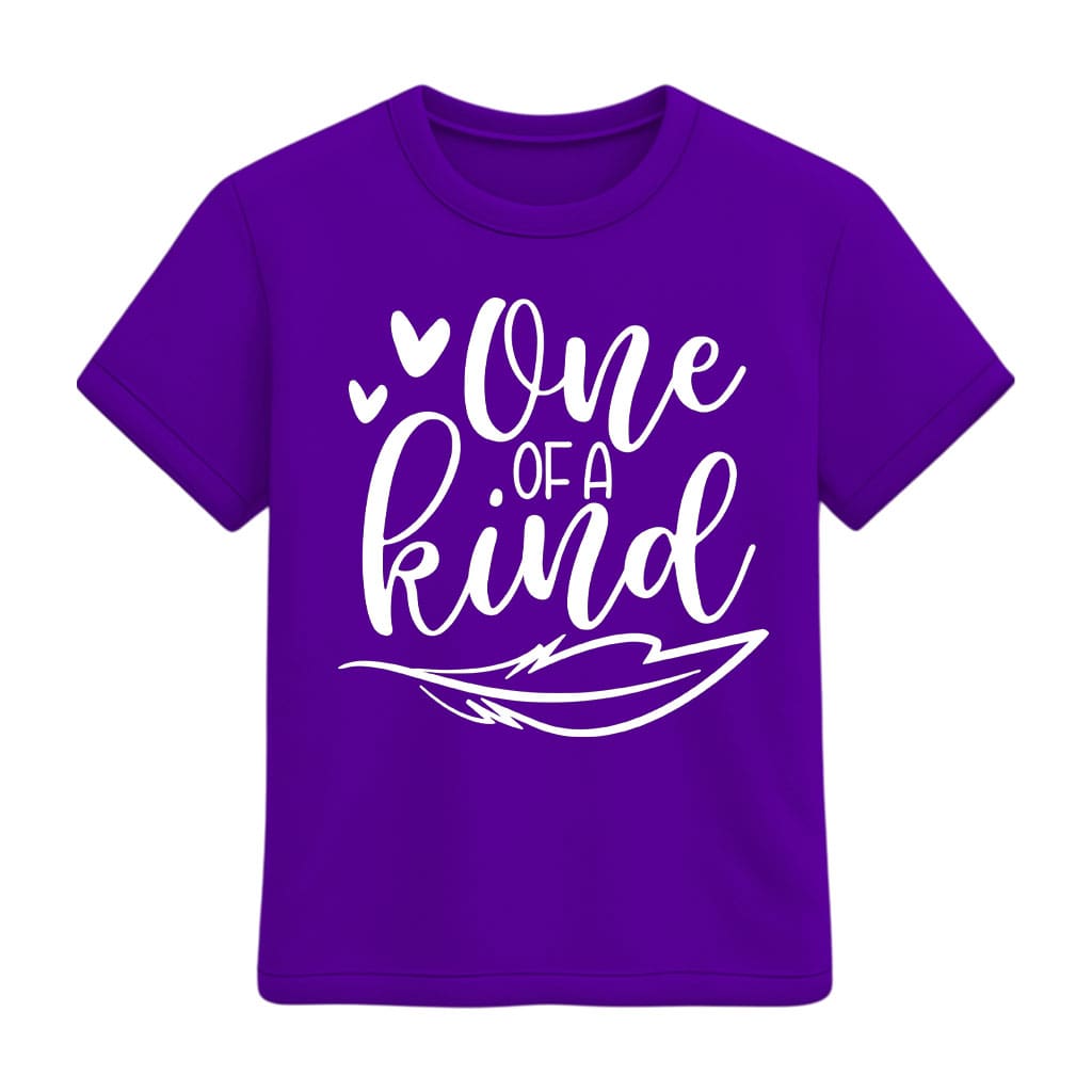 Purple t-shirt with 'One of a Kind' text on a white background
