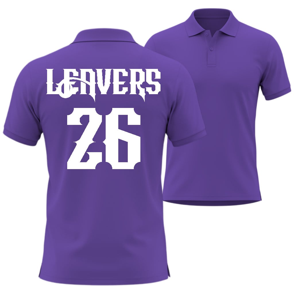 Purple polo shirt with 'LEAVERS' and number '26' printed on the back