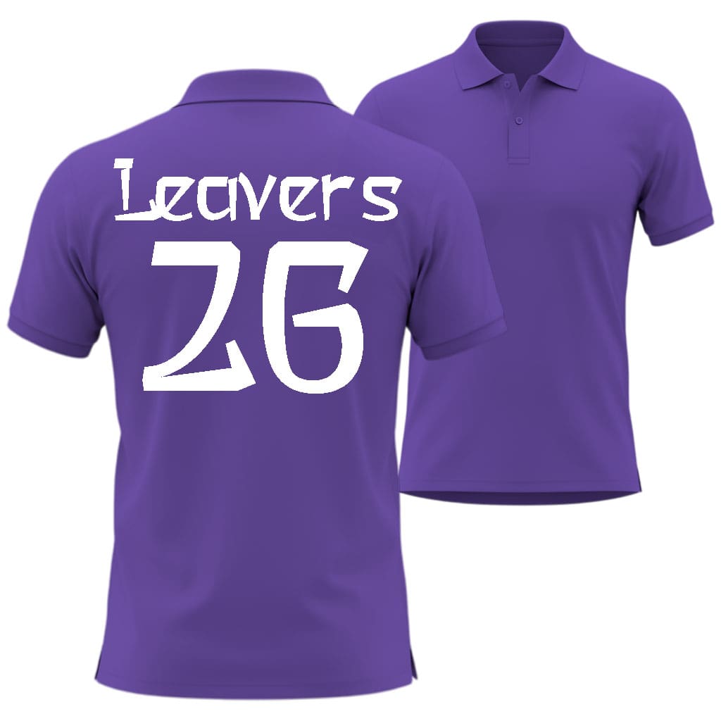 Purple polo shirt with 'Leavers 26' printed on the back, shown from two angles.