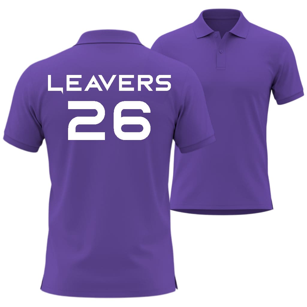 Purple polo shirt with 'LEAVERS' and number '26' printed in bord style on the back.