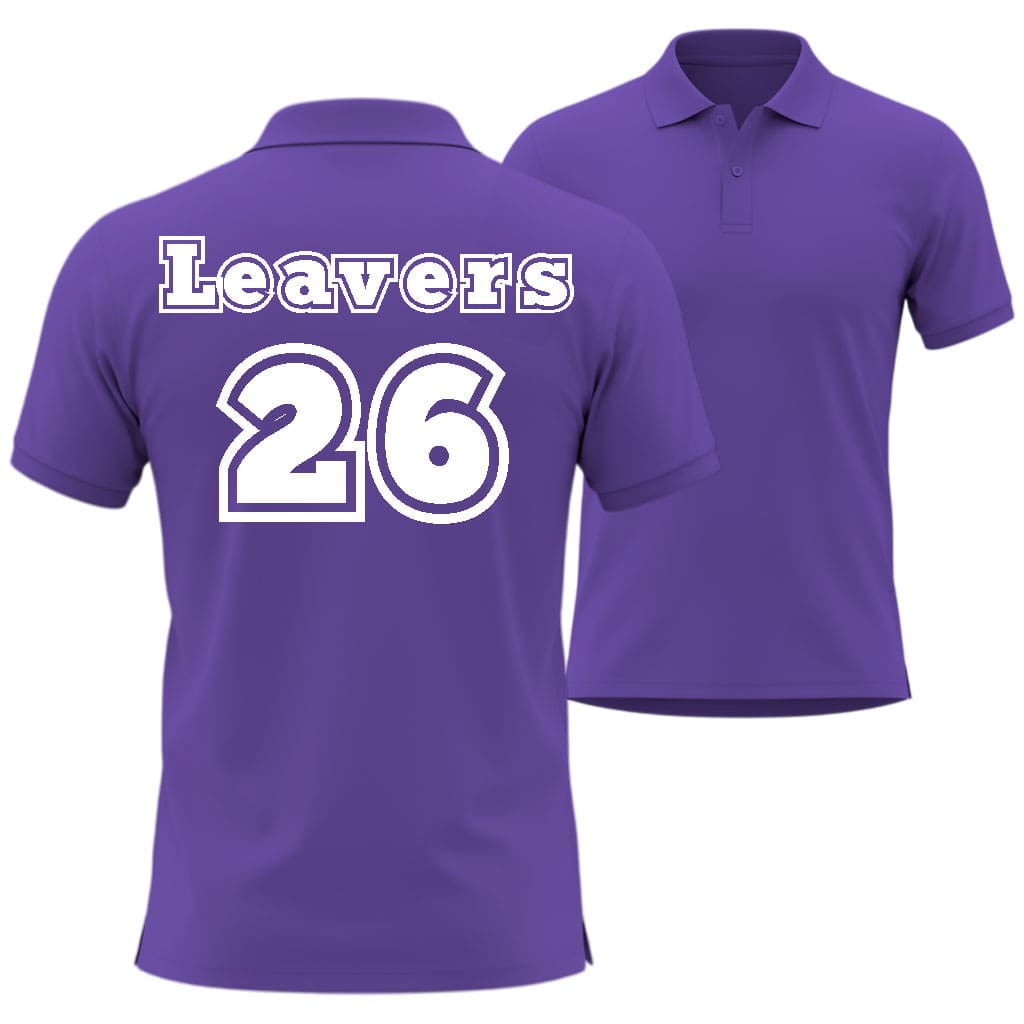 Purple polo shirt with 'Leavers 26' text on the back, in 212 sport style shown from front and back views.