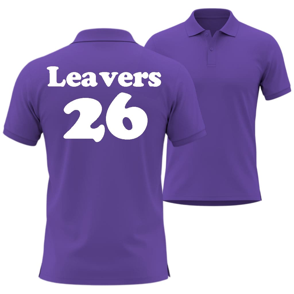 Purple polo shirt with 'Leavers 26' text on the back, in Cooper Black Style shown from front and back views.