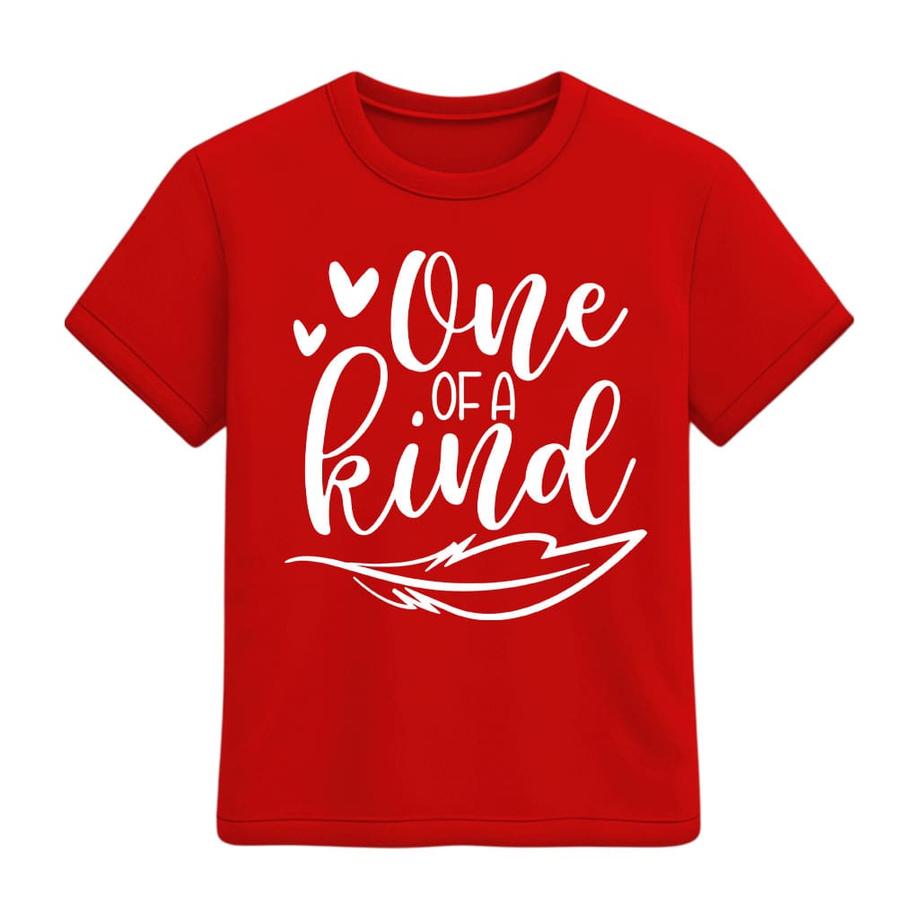 Red t-shirt with 'One of a Kind' text on a white background