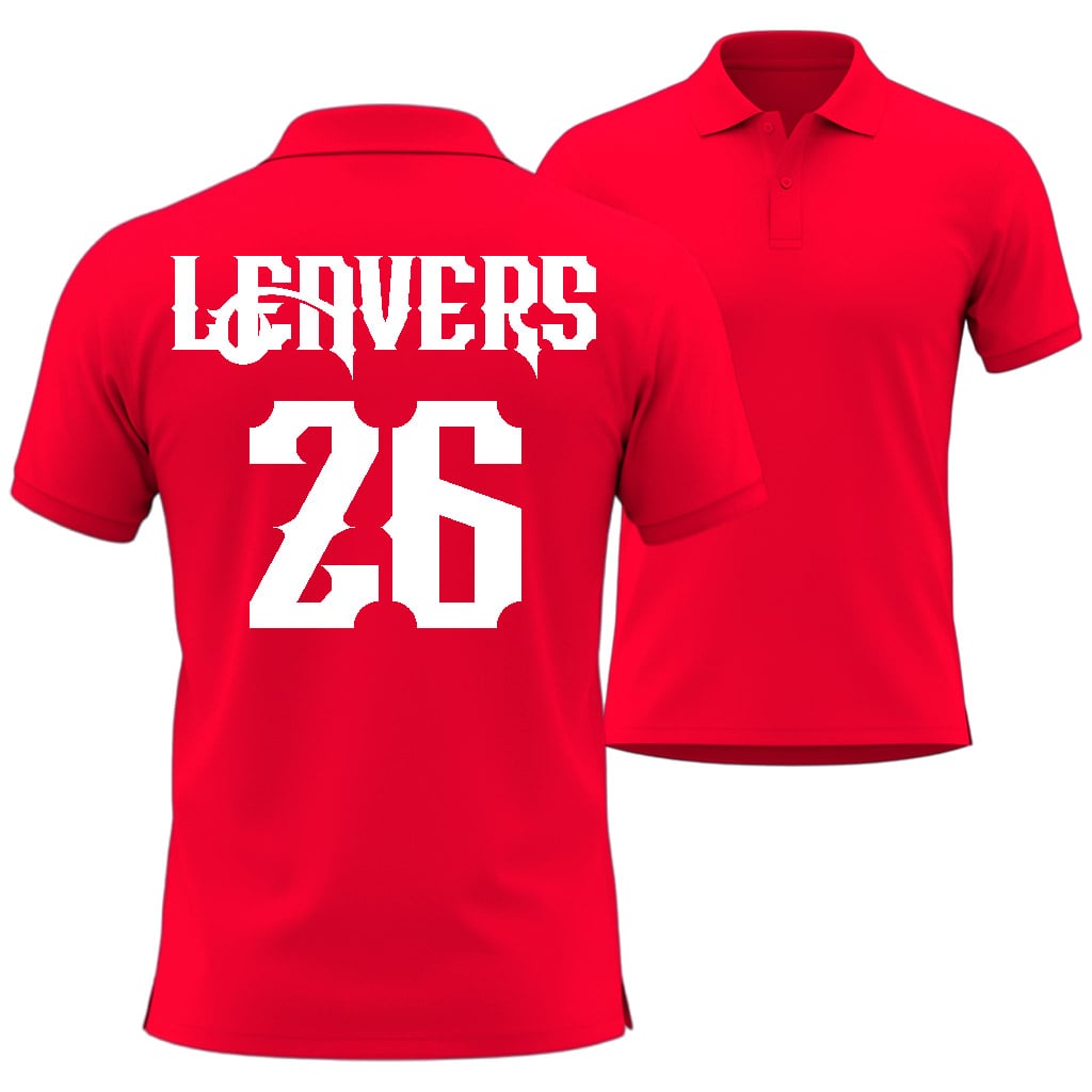 Red polo shirt with 'LEAVERS' and number '26' printed on the back
