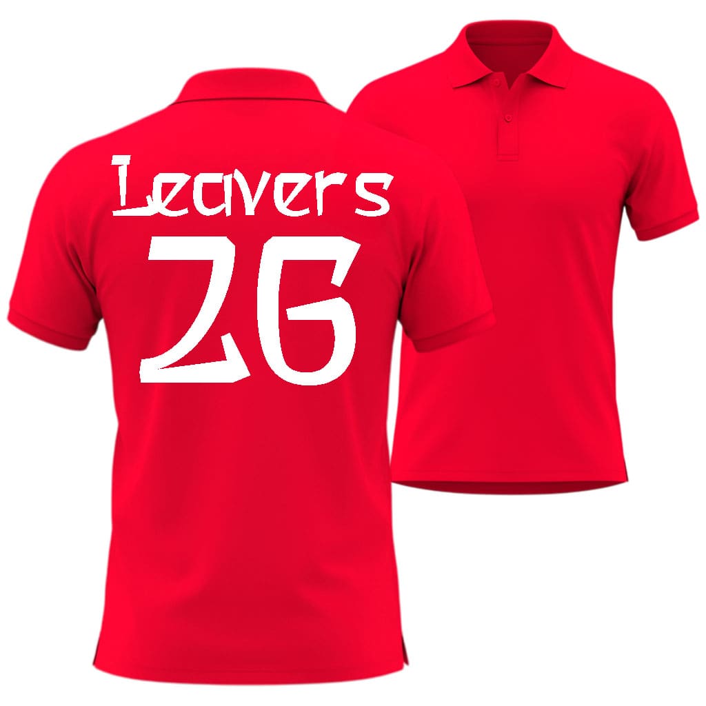 Red polo shirt with 'Leavers 26' printed on the back against a white background