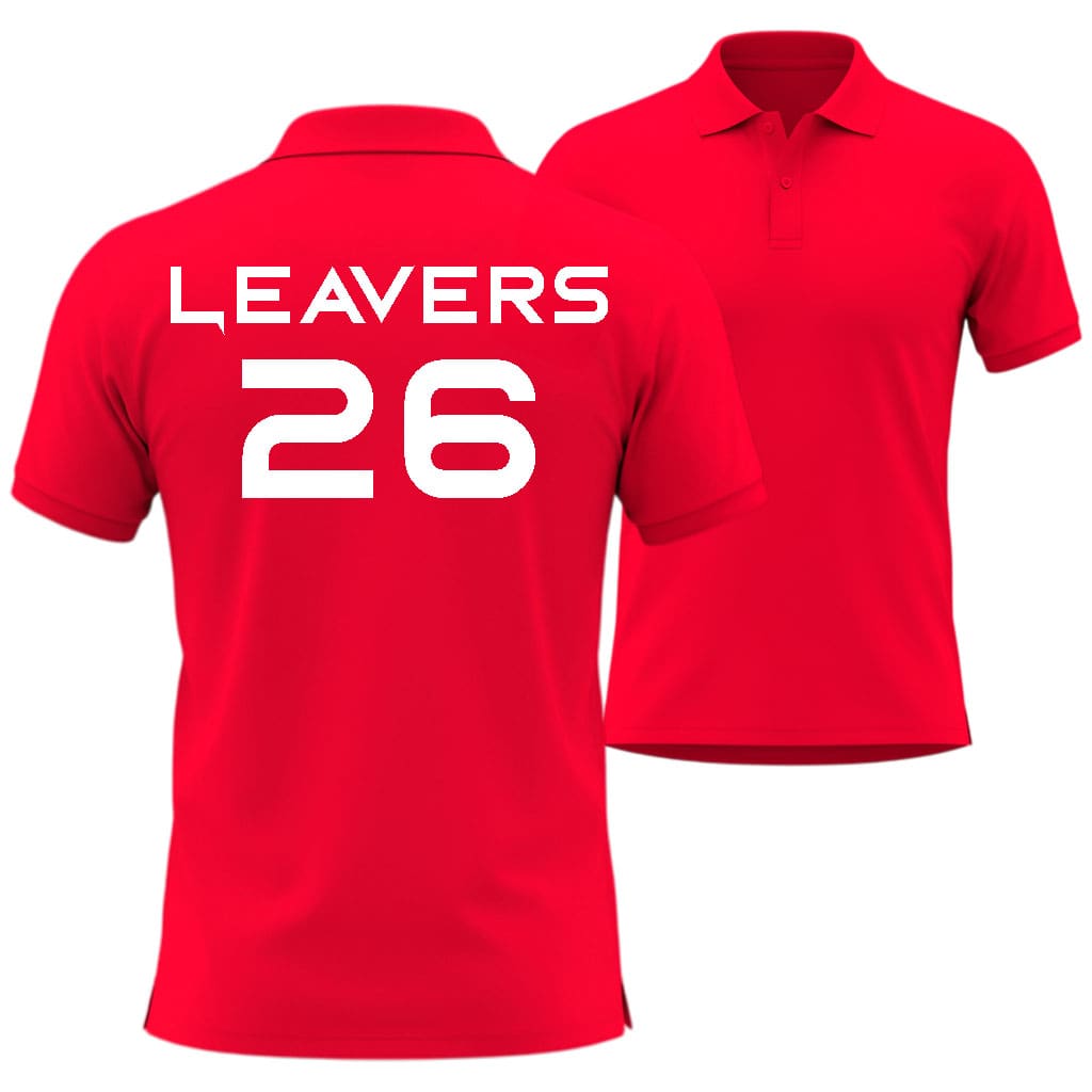 Red polo shirt with 'LEAVERS 26' printed on the back in bord style against a white background