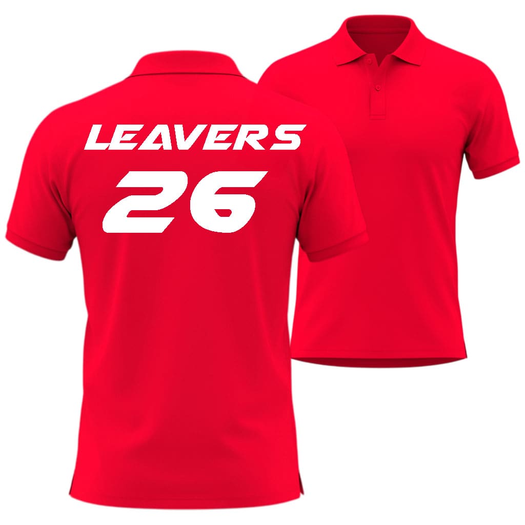 Red polo shirt with 'LEAVERS' and number '26' in airstrike style printed on the back