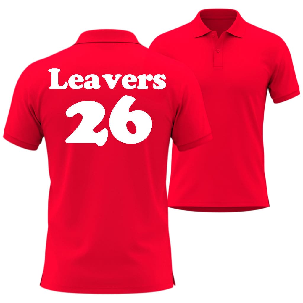 Red polo shirt with 'Leavers 26' text in Cooper Black Style on a white background