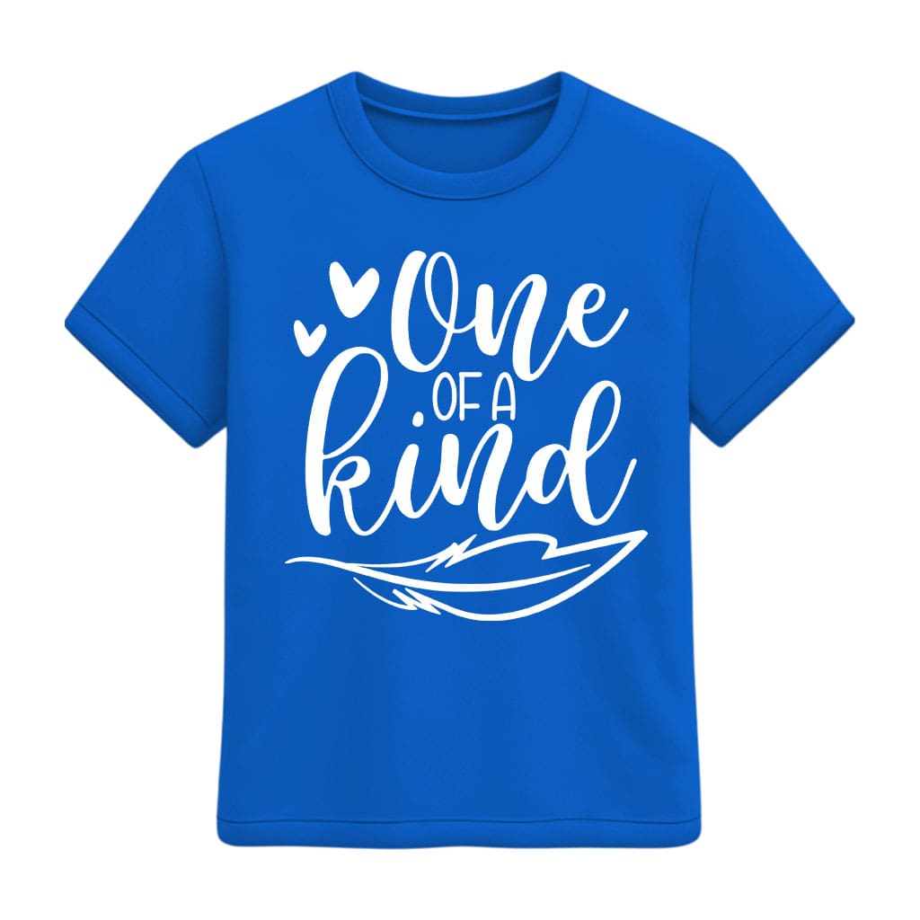 Blue t-shirt with 'One of a Kind' text on a white background