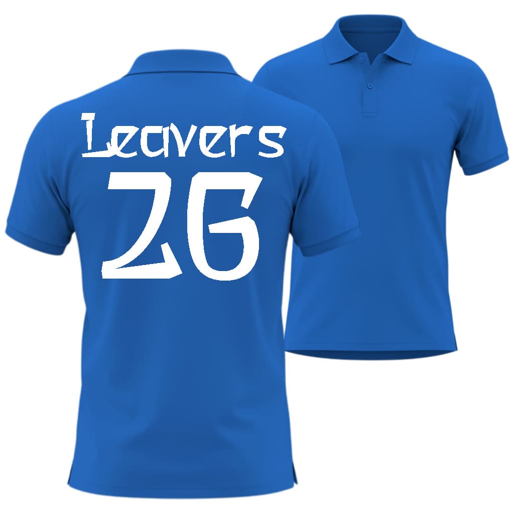 Royal Blue polo shirt with 'Leavers 26' printed on the back in asian hero style against a white background