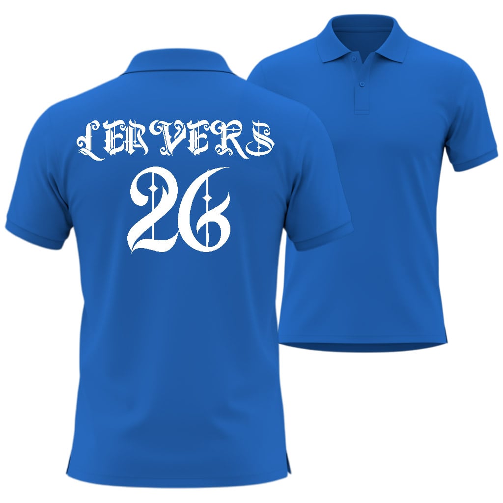 Blue polo shirt with 'Leavers 26' embroidered on the back