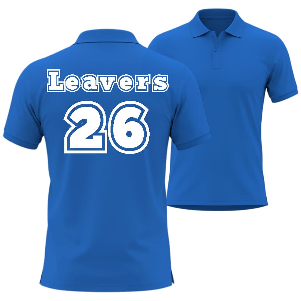 Blue polo shirt with 'Leavers 26' text in 212 sport style on a white background