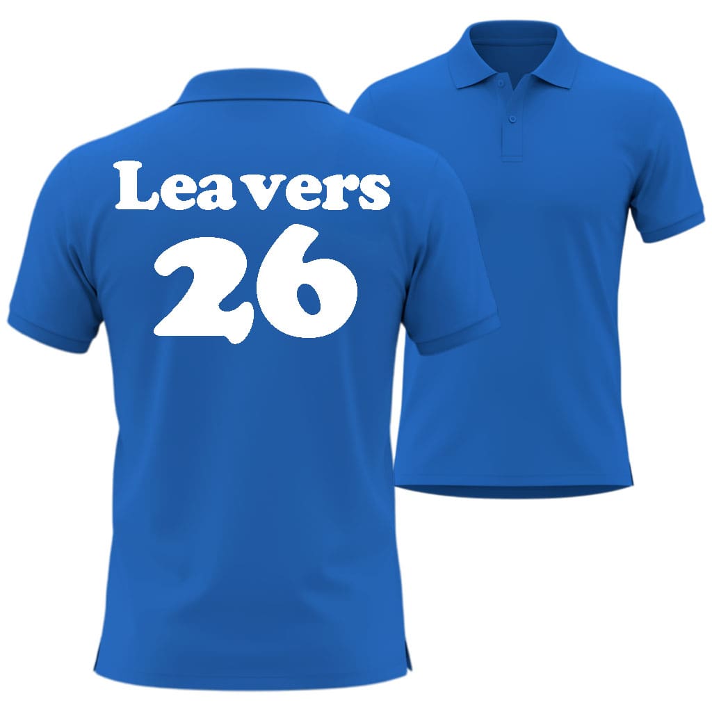 Blue polo shirt with 'Leavers 26' text in Cooper Black Style on a white background