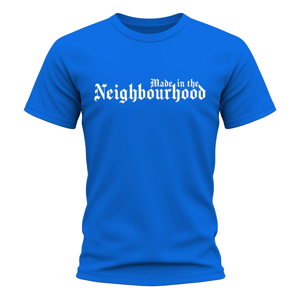 Blue t-shirt with 'Made in the Neighbourhood' text on a white background