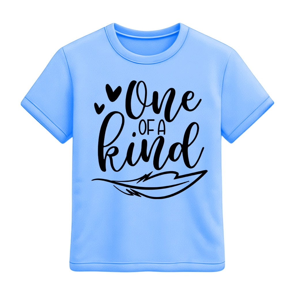 Light blue t-shirt with 'One of a Kind' text on a white background