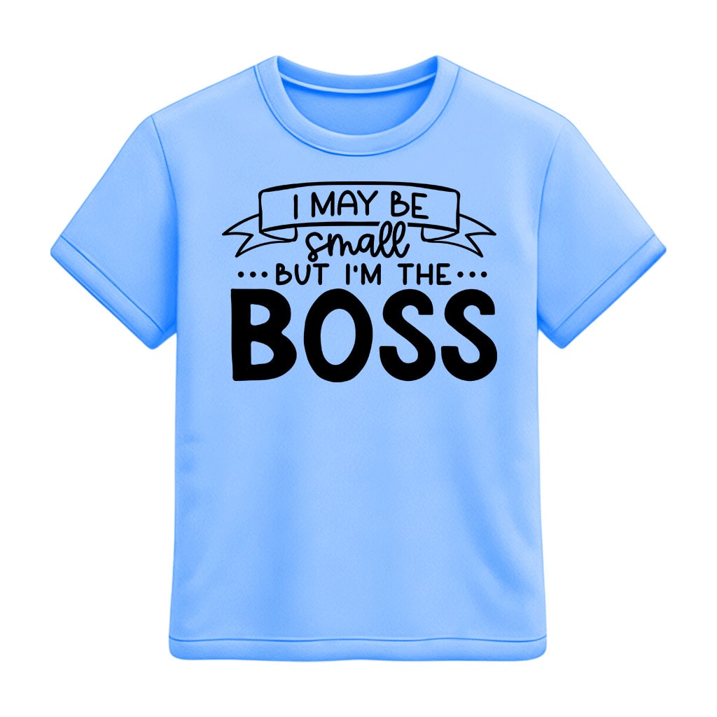 Sky blue t-shirt with black text 'I MAY BE SMALL BUT I'M THE BOSS' on a white background