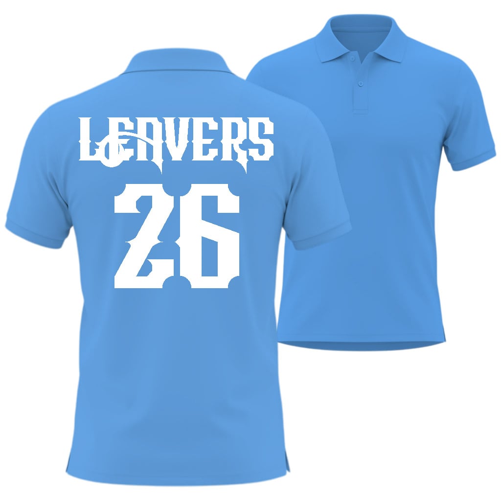 Blue polo shirt with 'LEAVERS' and number '26' printed on the back